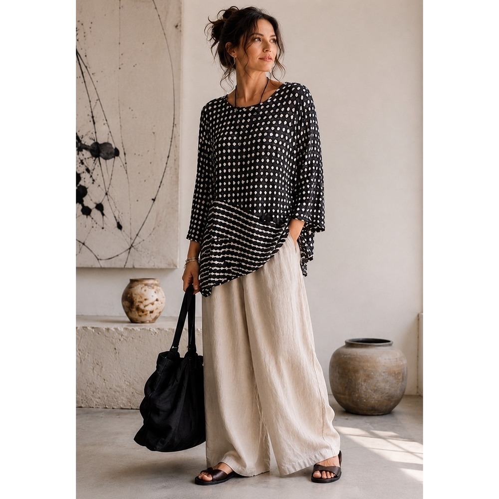 Yushi Black Gray Geometric Dot Stripe Knit Top Button Detail XL